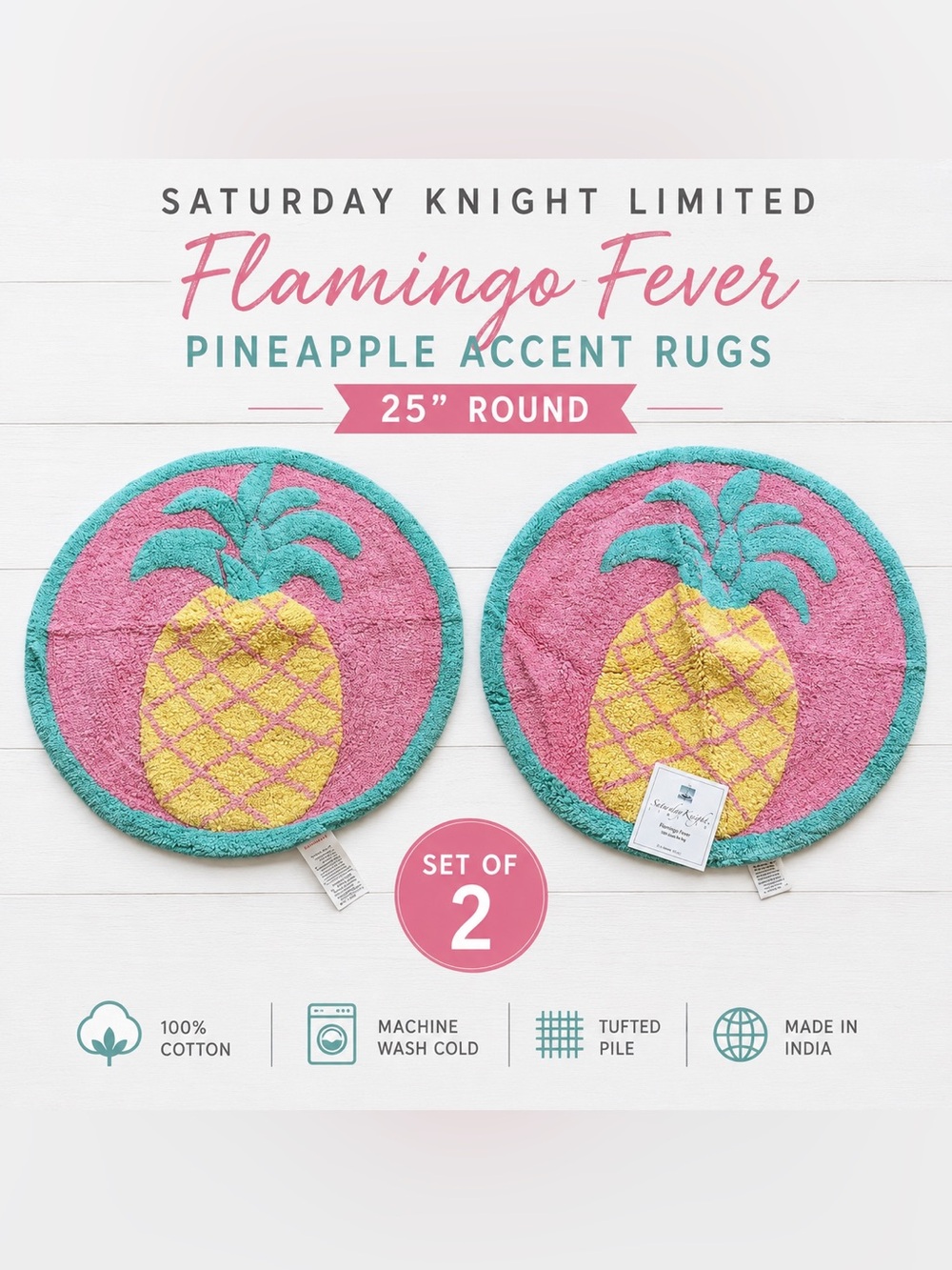 NEW! Set of 2 Saturday Knight Flamingo Fever Pineapple Accent Rugs 25” Round NWT